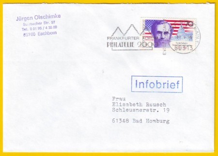 Infobrief EF 70 Pfg. Carl Schurz mit Absenderstempelung 30.9.96