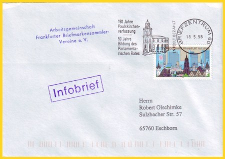 Briefmarke 1200 Jahre Frankfurt mit Plattenfehler auf Infobrief