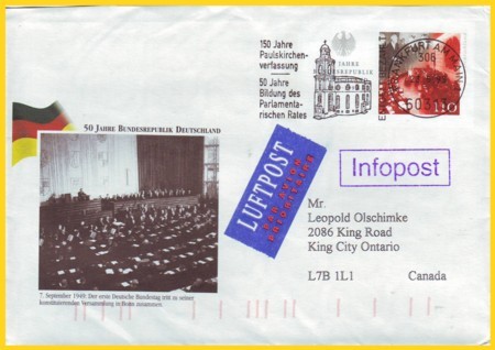Sonderganzsache 50 Jahre Deutschland als Infopost-Lp nach Kanada