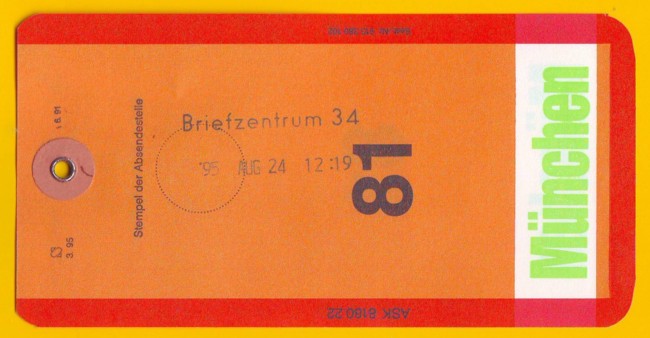 Beutelfahne mit Zeilenstempel Briefzentrum 34