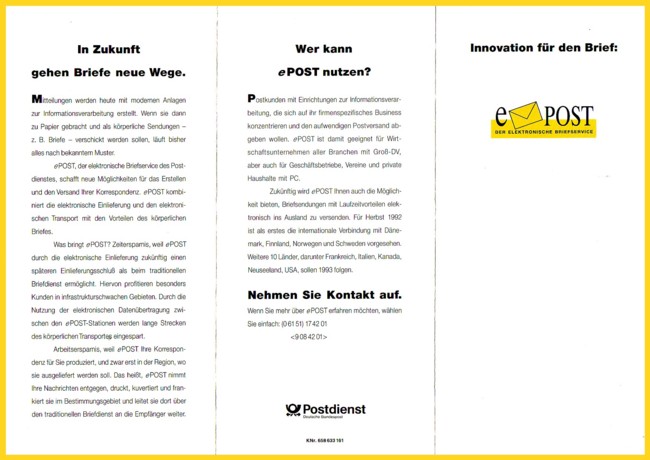 Vorderseite des 3-teiligen Werbeflyers der Deutschen Post zur ePOST 