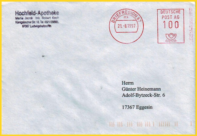 Postfreistempelung Briefregion 67