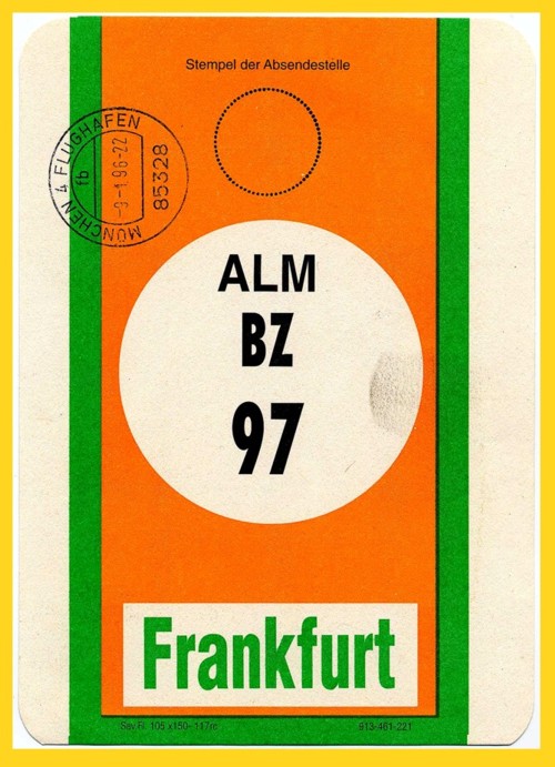 NLP-Beutelfahne für das BZ 97 über Frankfurt, gestempelt mit München 4 Flughafen (vermutlich aptierter Maschinenstempel)