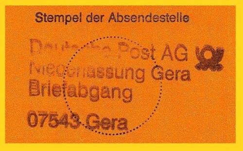 Gummistempel der Niederlassung Gera ohne Datum