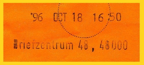 Stechuhrstempel vom Briefzentrum 48 mit 5-stelliger PLZ 48000 auf NLP-Beutelfahne nach Nürnberg vom 18.10.1996
