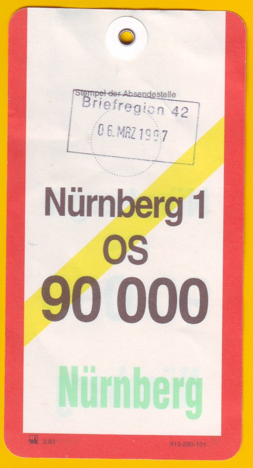 Nachtluftpostbeutelfahne mit ungewöhnlichem Briefregionsstempel vom 6. März 1997