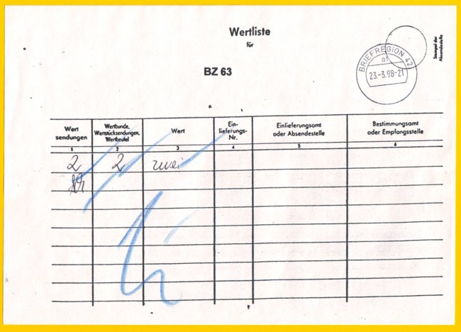 Ladeliste vom BZ 42 ans BZ 63 mit ungewöhnlichen Innendienststempel "Briefregion 42" vom 23. März 1998