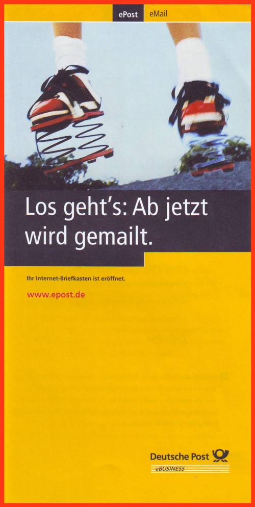 Vorderseite des Postflyers vom April 2000 mit der alten neuen Internetadresse www.epost.de für eine lebenslange eMailadresse - wurde aber wenige Jahre später wieder eingestellt und aufgegeben