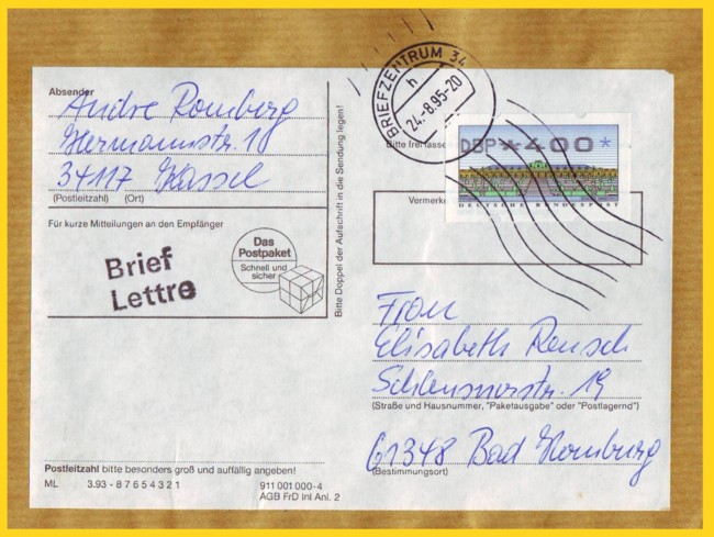 Maxibriefausschnitt mit Handrollstempel "24.8.95 Briefzentrum 34 h"
