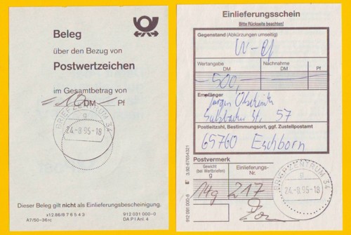 Einlieferungsschein zum Werbrief aus dem Briefzentrum 34 + Postquittung vom Großannahmeschalter für die Marken