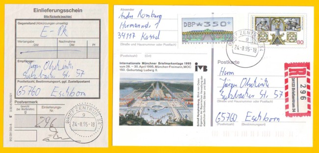 Einschreibe-Postkarte mit besonderen R-Zettel 34123 Briefzentrum 34 mit Einlieferungsschein (Nummer 296)