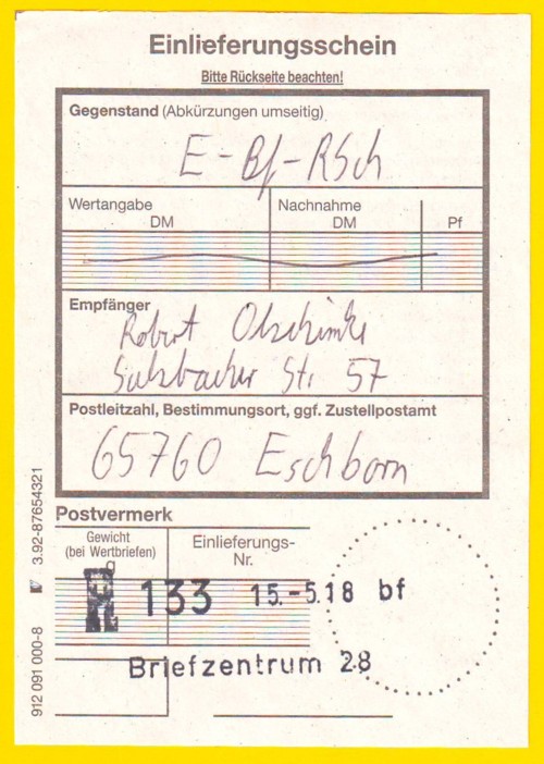 Einlieferungsschein vom Briefzentrum 28