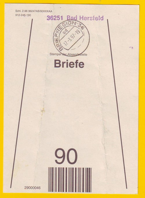Beutelfahne mit Briefregionsstempel 36