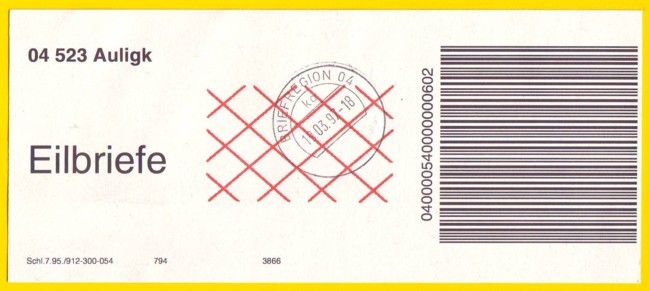 Handstempel Briefregion 04 auf einem Infoträger Eilzustellung