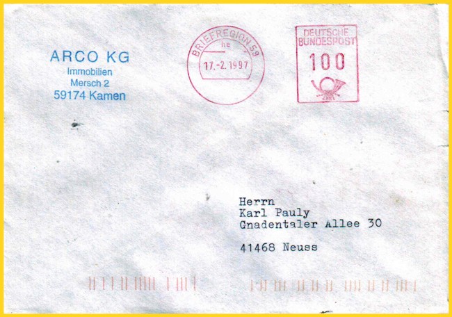 Postfreistempelung Briefregion 59 mit Wertstempelklischee Deutsche Bundespost