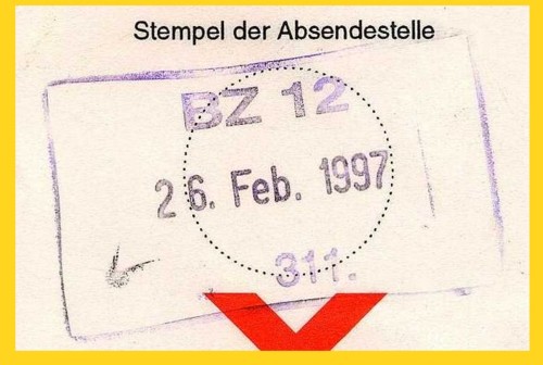 Gummistempel vom BZ 12 vom 26. Februar 1997