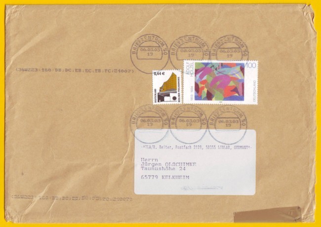 Ein interessanter Beleg aus der Frühphase vom 6. März 2003 mit einer Anordnung von sechs aufgespritzten Stempeln