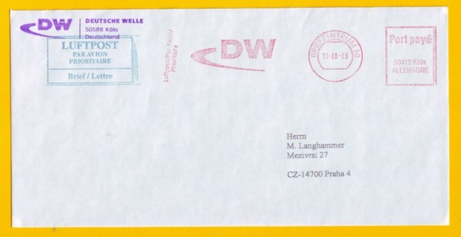 Brief in die Tschechei mit neuer Maschine mit zweifarbigen Abschlag des Stempels vom 11. August 1999