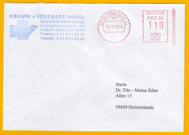 Postfreistempelung "Briefzentrum 42" vom ersten Tag - 16. Februar 1998