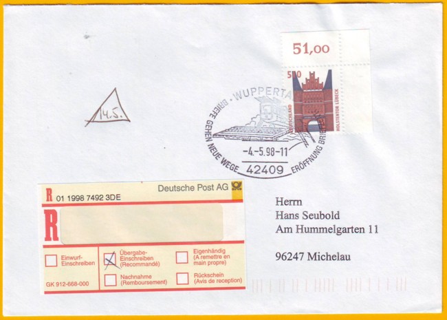 Einschreiben mit dem Sonderstempel vom Eröffnungstag - 4. Mai 1998