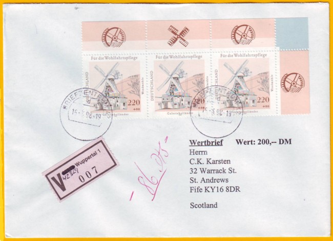 Wertbrief, aufgeliefert in den ersten Tagen (16. März 1998) am Großannahmeschalter des BZ 42 - UB "d"