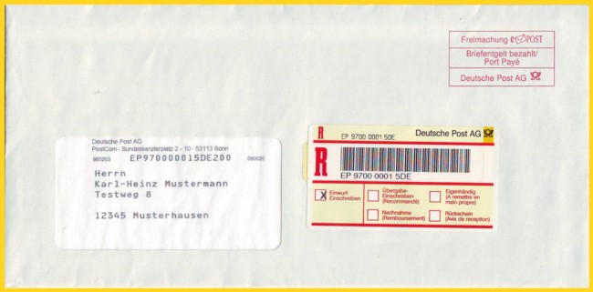 Seltenes Muster-ePost-Einschreiben als Hybridsendung aus den ersten Tagen im Jahre 1998 mit Orginalinhalt - ob die Post noch weiß, was sie alles schon mal gemacht hatte ?