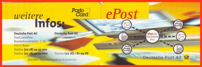 Portocard klassisch mit Marken bestückt von 1997 mit schöner alter ePost-Werbung - alles wie heute, nur damals ohne Zertifizierung