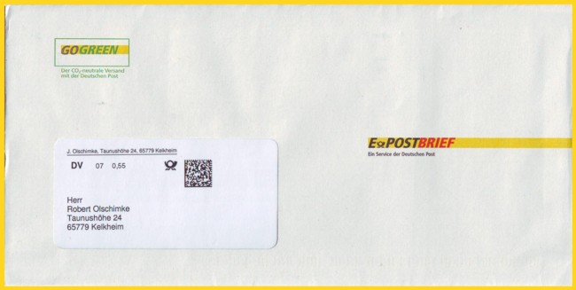 normaler Hybridbrief aus den ersten Tagen der neuen E-Postbriefe mit DV-Freimachung im Fenster - soll in Stuttgart in der dortigen ePoststation bei PostCom gedruckt worden sein