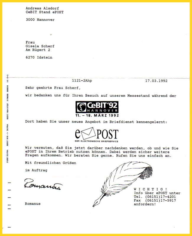 Inhalt des ePOST-Briefes von 1992 vom CeBIT Messestand der Deutschen Post