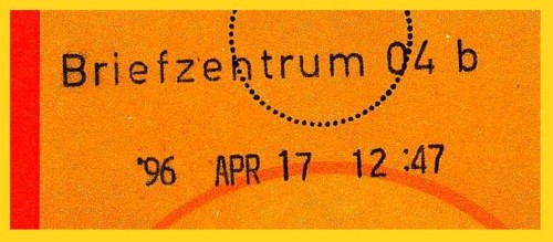 zweizeiliger Stechuhrstempel vom BZ 04 mit Unterscheidungsbuchstaben b vom 17. April 1996