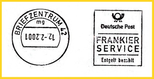 Kopfstehendes Datum beim Frankierservice - 12. Februar 2001 - UB "mg"