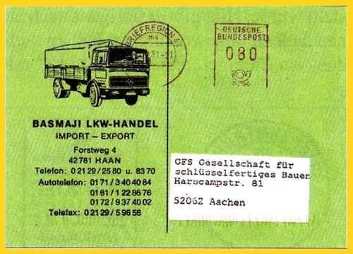 Postfreistempelung einer Postkarte mit "Briefregion 42" vom 1. Dezember 1997 - UB "mu"