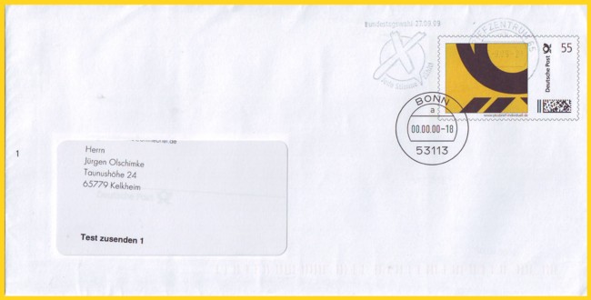 Einer der ersten Hybridbriefe aus dem internen Postversuch vom 10. September 2009 schon in einer Dienstganzsache verschickt - zufälligerweise noch mit schwachen Maschinenwerbestempel vom BZ 65, dort wo auch die Briefe vom Schreibcenter her kommen. Diese Arte der Versendung von Hybridbriefen gab es nur knapp zwei Monate