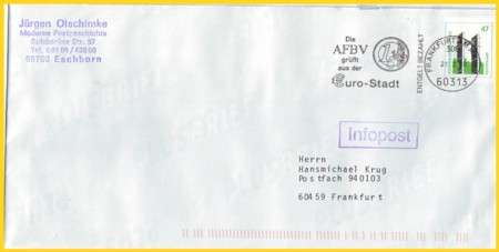 Infopostplusbrief ohne Fenster mittels Abesenderstempelung entwertet - Motiv Berus