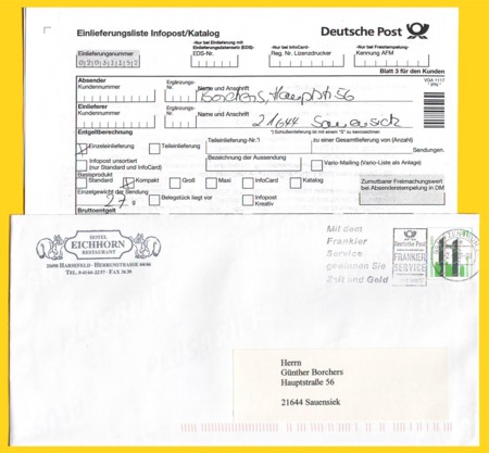 Infopost-Plusbrief mittels Frankierservice entwertet und als vollbezhalter Kompaktbrief auffrankiert - siehe Einlieferungsliste