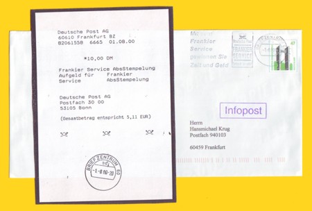 Infopost-Plusbrief erstmals mit der neuen Option Frankierservice in Form der Absenderstempelung richtig entwertet