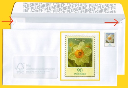 Plusbrief kompakt mit Fenster 90 Cent erstmals im Flexodruck + gelbes Raster um Bild und Passerkreuze