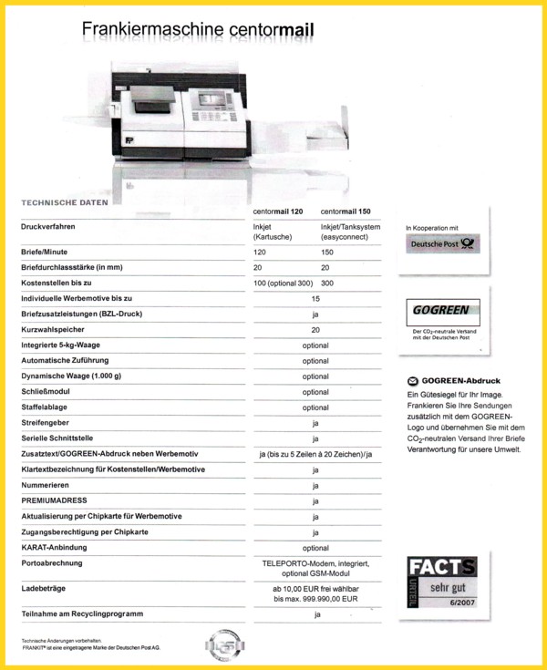 Die technischen Daten der centormail Die technischen Daten der centormail