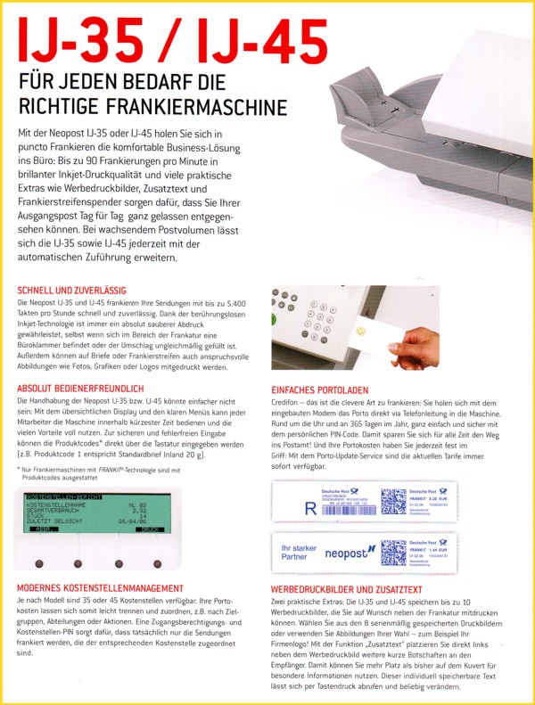 Prospekt der Absenderfreistempelmaschine IJ-35 / IJ-45 - Teil 2 Prospekt Frankiermaschine IJ-35 / IJ-45