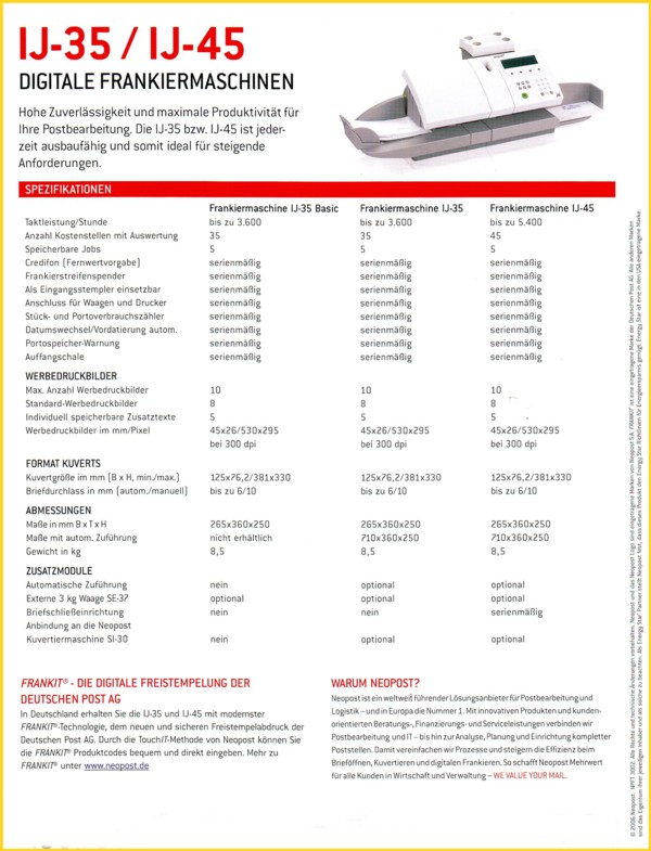 Prospekt der Absenderfreistempelmaschine IJ-35 / IJ-45 - Teil 4 - Technische Details Prospekt Frankiermaschine IJ-35 / IJ-45