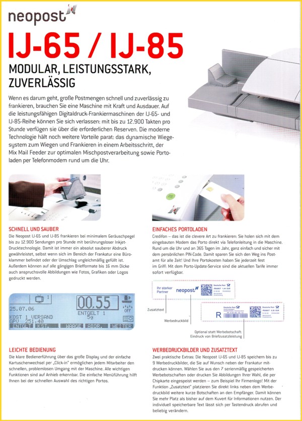 Prospekt der Absenderfreistempelmaschine IJ-65 / IJ-85 - Teil 2 Prospekt der Frankiermaschine IJ-65 / IJ-85