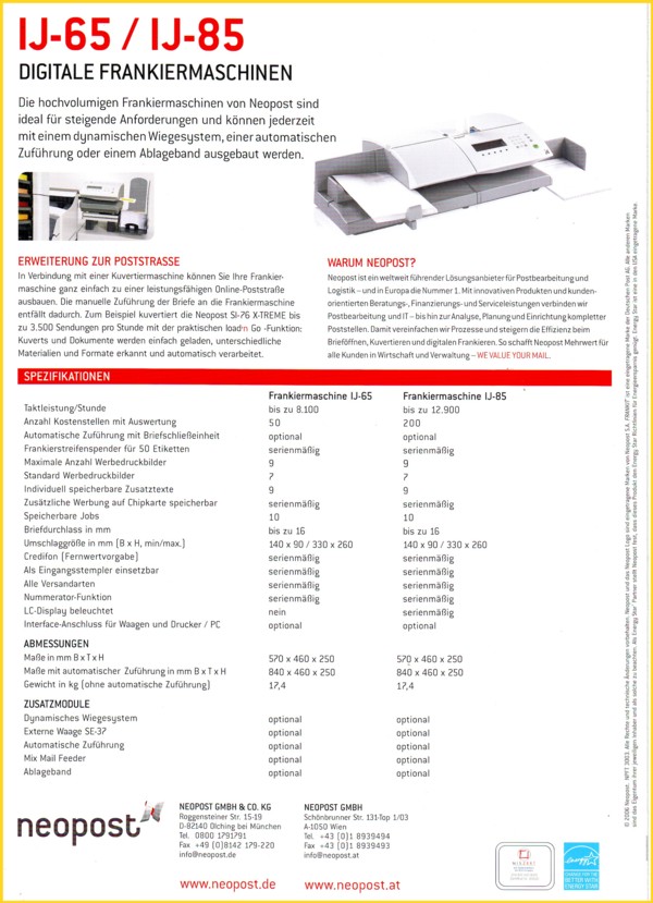 Prospekt der Absenderfreistempelmaschine IJ-65 / IJ-85 - Teil 4 - Technische Details Prospekt der Frankiermaschine IJ-65 / IJ-85