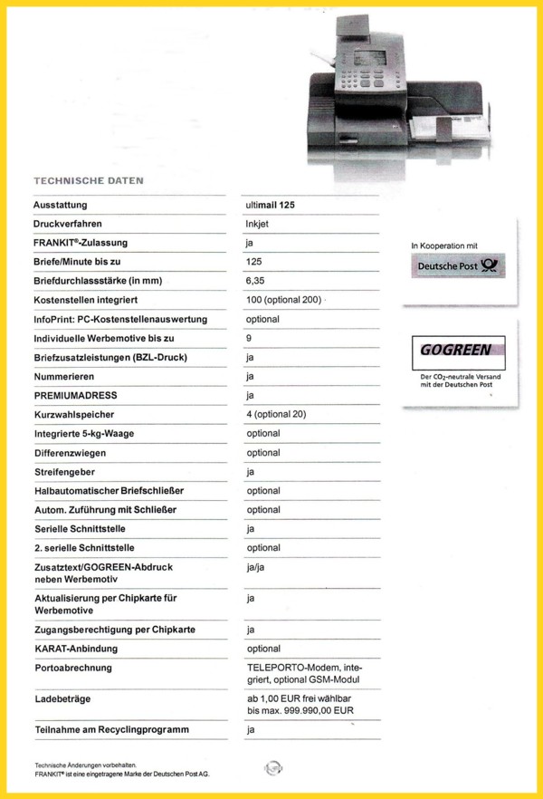 Die technischen Daten der ultimail 125 Die technischen Daten der ultimail 125