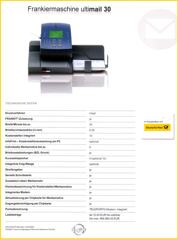Die technischen Daten der Ultimail 30 Die technischen Daten der Ultimail 30
