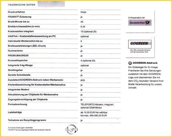 Die technischen Daten der ultimail 45 Die technischen Daten der ultimail 45