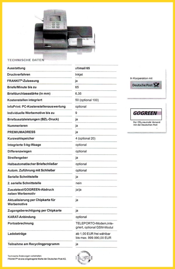 Die technischen Daten der ultimail 65 Die technischen Daten der ultimail 65