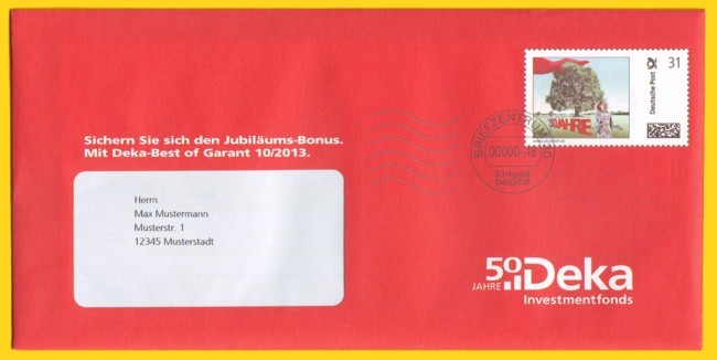 Plusbrief mit individueller Freimachung (hier 31 Cent Variante) aus der Philotphase im Rahmen eines Mailings zu "50 Jahre Deka Investmentfonds", verschickt in der letzten Oktoberwoche 2006 Plusbrief mit individueller Freimachung (hier 31 Cent Variante) aus der Philotphase im Rahmen eines Mailings zu "50 Jahre Deka Investmentfonds", verschickt in der letzten Oktoberwoche 2006