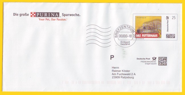 Plusbrief mit inidividueller Freimachung aus der ersten Pilotphase (2006) von der Firma "Das Futterhaus", verschickt Anfang November 2006 mit integriertem Zusatzprodukt Premiumadress