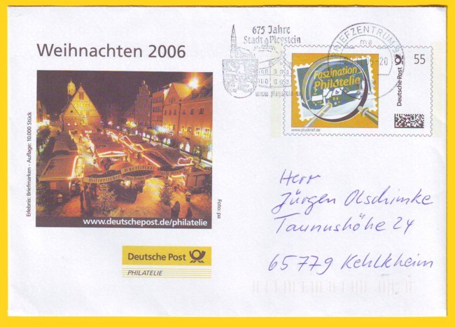 Echt gelaufener Beleg vom ersten möglichen Verkaufstag vom 29. November 2006 gestempelt mit einem Maschinenstempel vom Briefzentrum 92 - hier die Variante mit der zusätzlichen Abbildung eines Fotos vom Weidener Weihnachtsmarkt Echt gelaufener Beleg vom ersten möglichen Verkaufstag vom 29. November 2006 gestempelt mit einem Maschinenstempel vom Briefzentrum 92 - hier die Variante mit der zusätzlichen Abbildung eines Fotos vom Weidener Weihnachtsmarkt