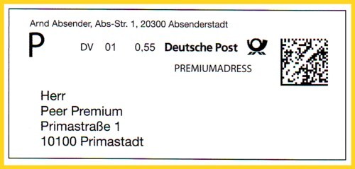 Vollbezahlte DV-Freimachungssendung mit Premiumadress-Muster Vollbezahlte DV-Freimachungssendung mit Premiumadress-Muster